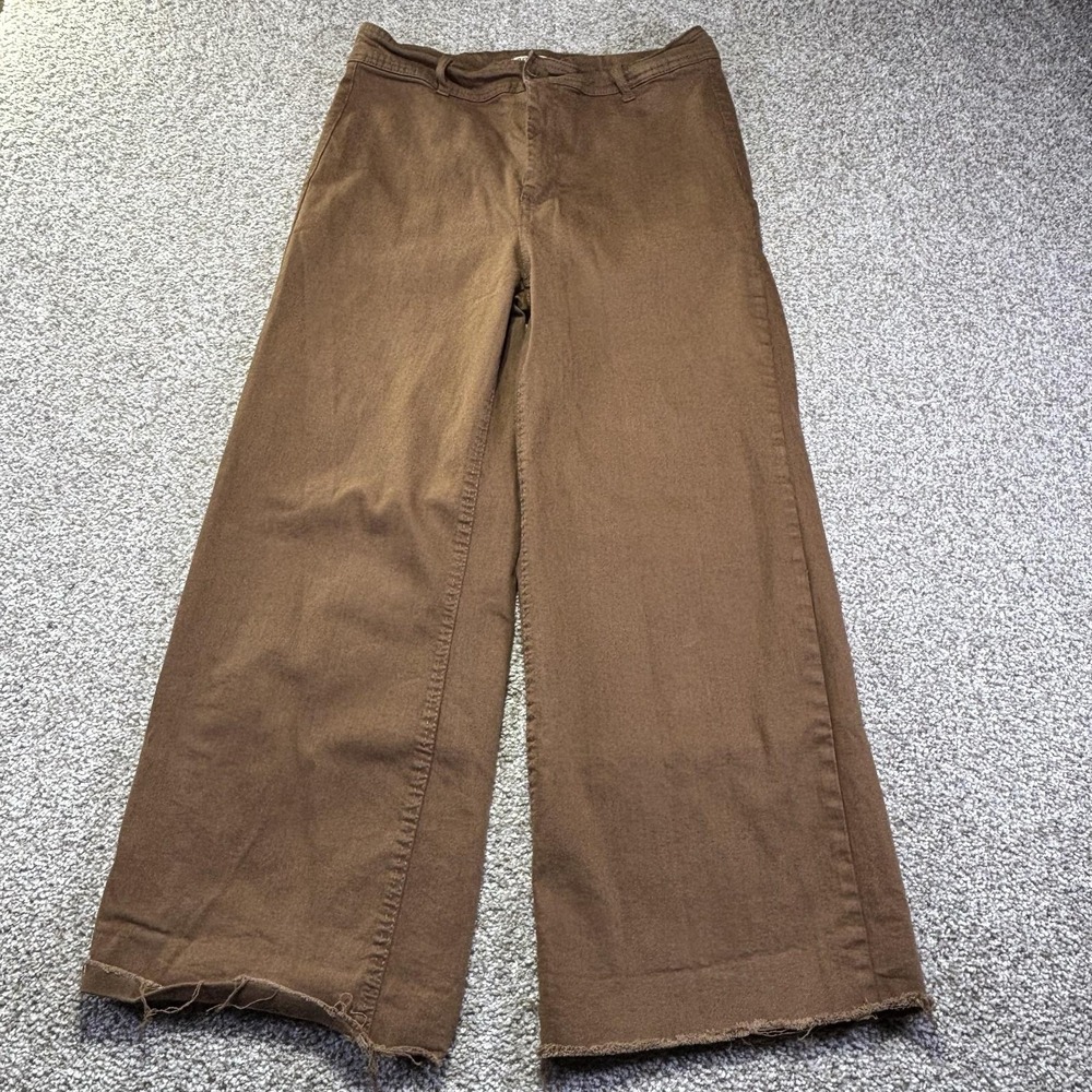 OAT New York Pants Womens 10/30 Brown Wide Leg Cropped Twill Raw Hem P0004-5JMX